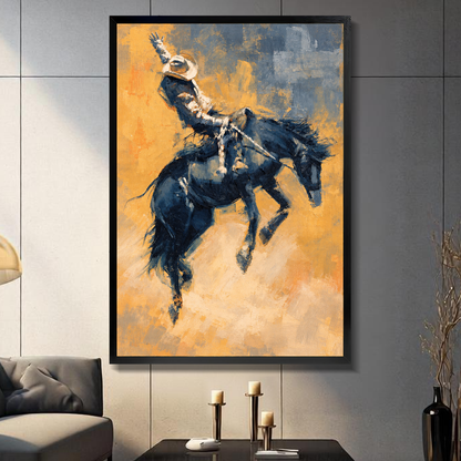 Black framed canvas depicting a cowboy riding a bucking horse on a gray paneled wall with candles.
