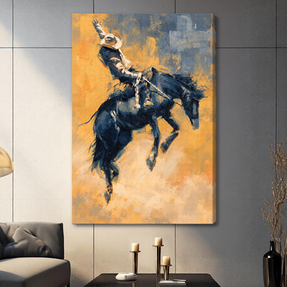 Stretched canvas depicting a cowboy riding a bucking horse displayed on a gray paneled wall with candles.