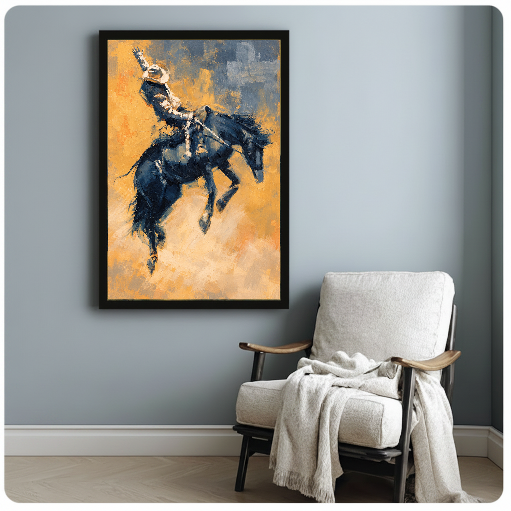 Framed artwork of a cowboy riding a bucking horse beside a pale reading chair against a gray wall.