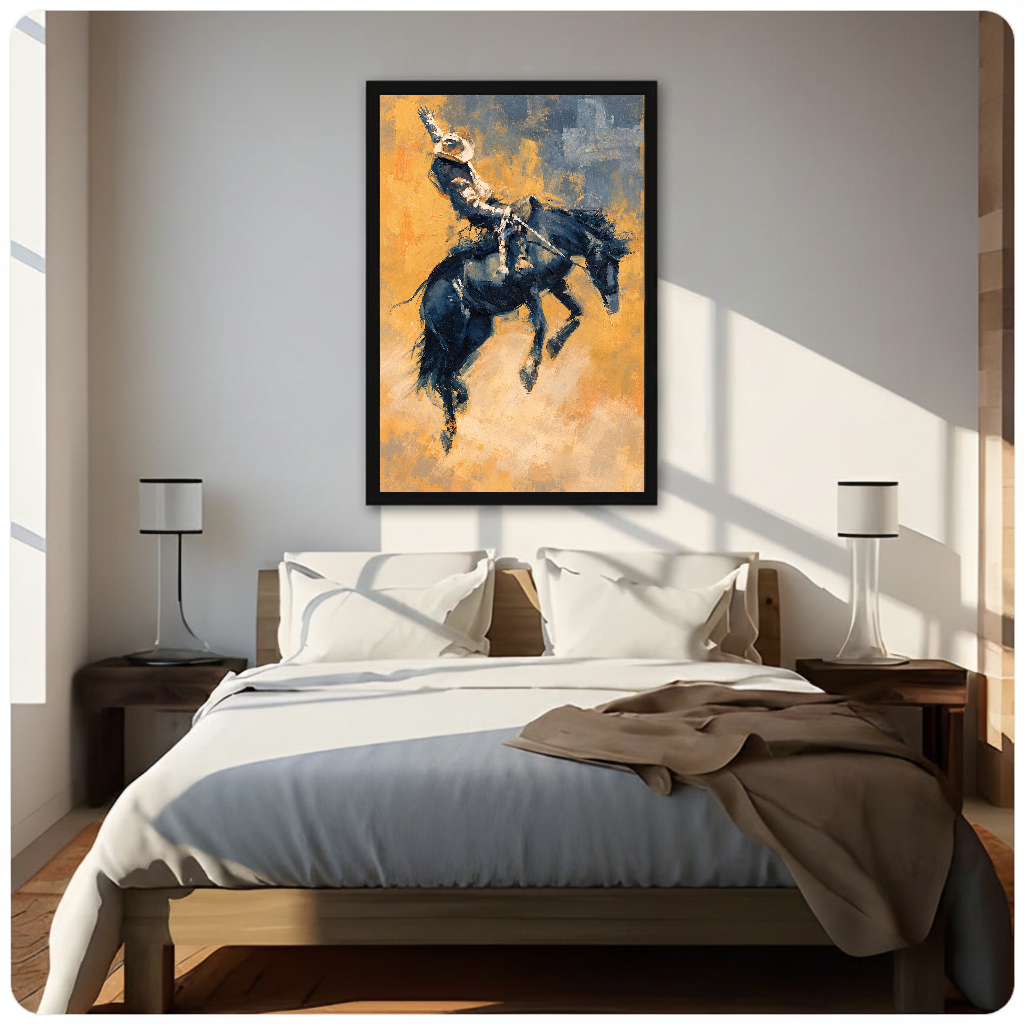 Framed artwork of a cowboy riding a bucking horse above a neutral bed with bedside lamps.