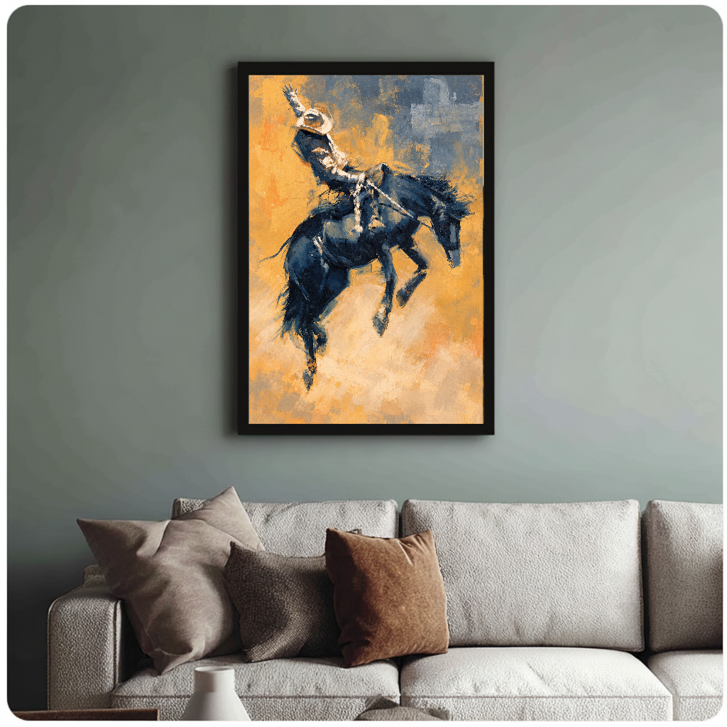 Framed artwork of a cowboy riding a bucking horse above a sofa with muted cushions.