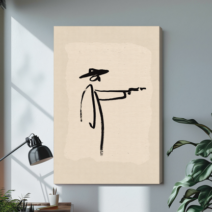 Stretched minimalist brushstroke cowboy canvas above a light desk, showing a shaded wrapped side edge.