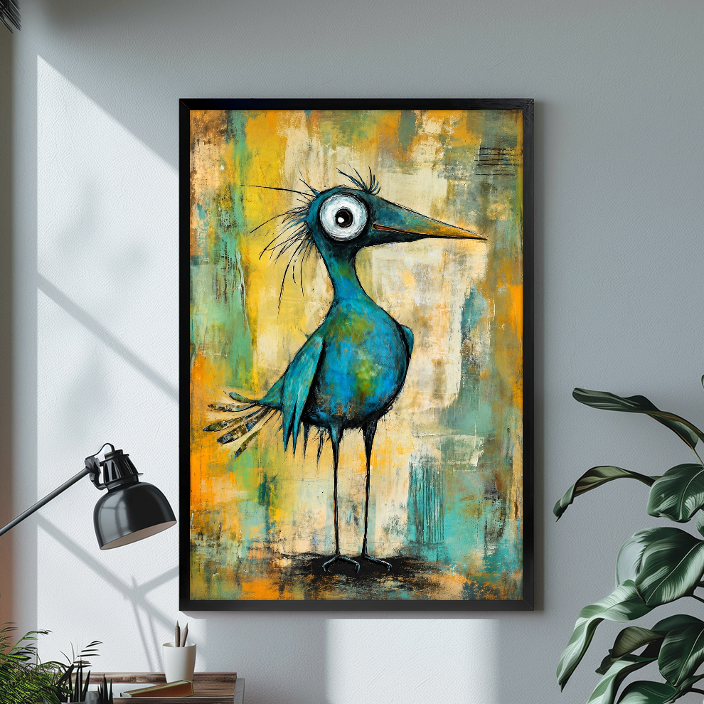 Black framed wide eyed teal bird canvas on a pale wall above a desk and plant.