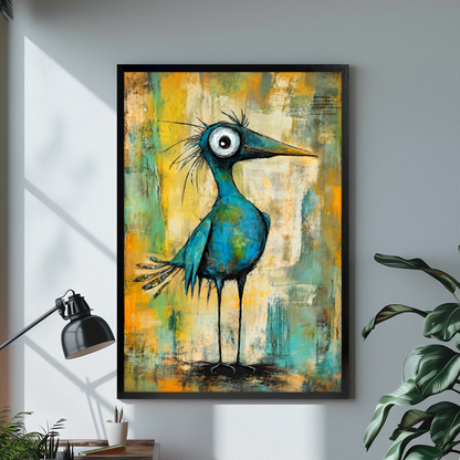 Black framed wide eyed teal bird canvas on a pale wall above a desk and plant.