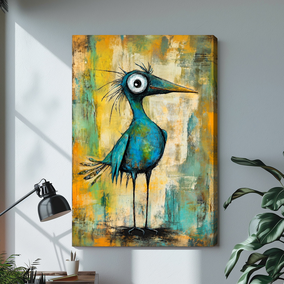 Stretched wide eyed teal bird canvas with a shaded wrapped edge in the selected room setting.