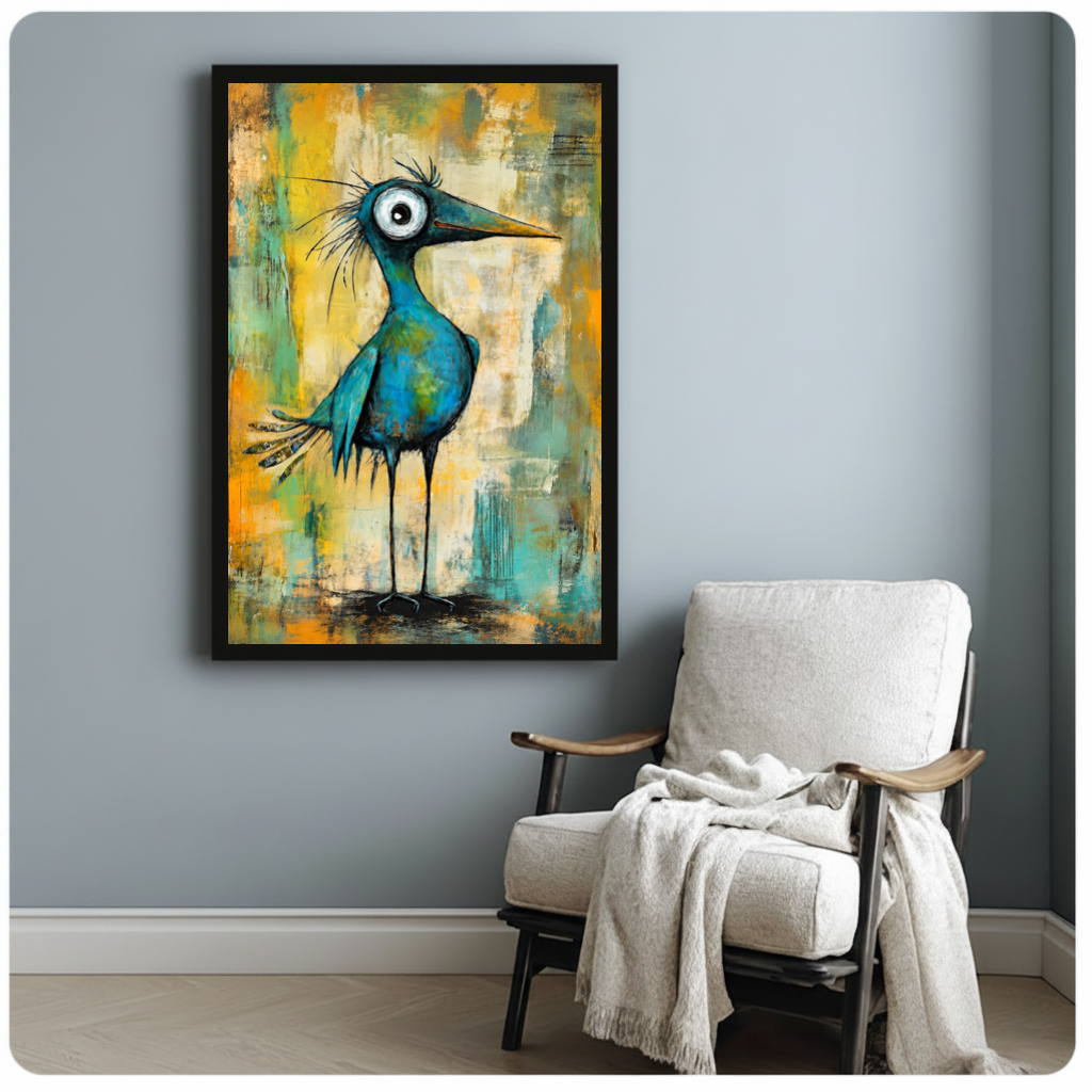 Framed wide eyed teal bird canvas beside a pale reading chair on a blue gray wall.
