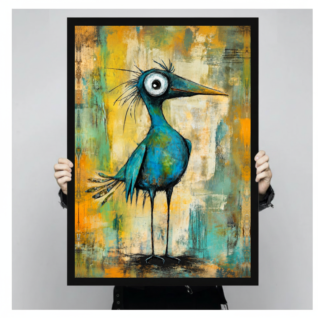 Framed wide eyed teal bird canvas held by a person against a light neutral background.