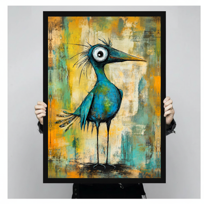 Framed wide eyed teal bird canvas held by a person against a light neutral background.
