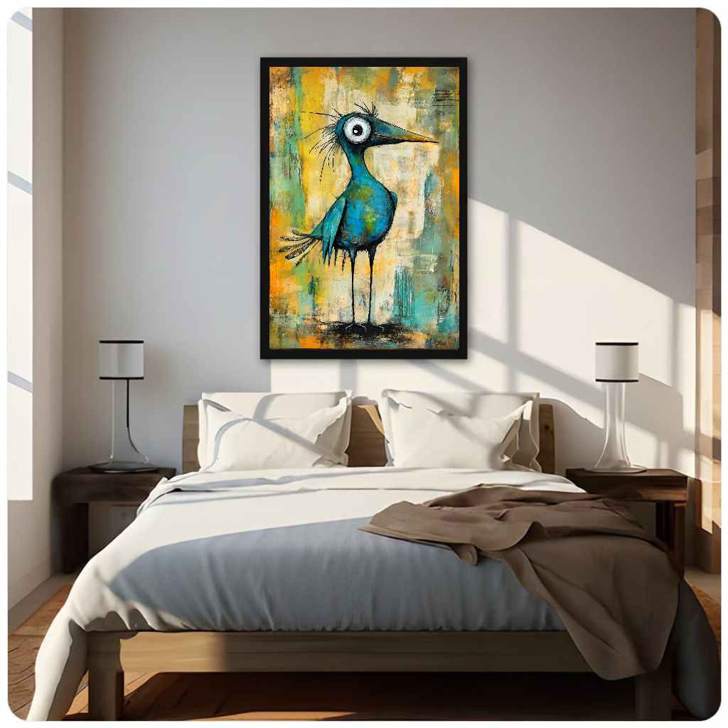 Framed wide eyed teal bird canvas above a neutral bed beside soft bedroom lighting and lamps.