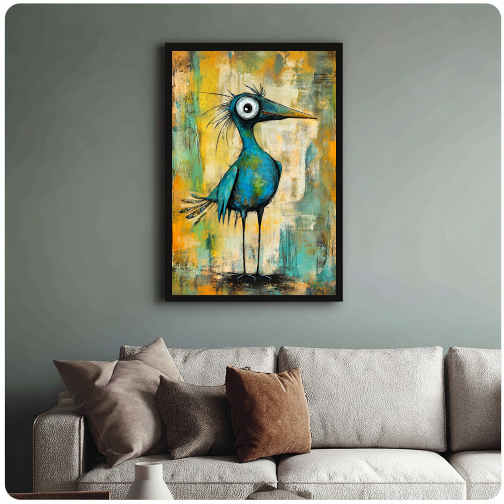 Framed wide eyed teal bird canvas above a neutral sofa with cushions against a muted wall.