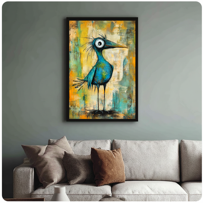 Framed wide eyed teal bird canvas above a neutral sofa with cushions against a muted wall.