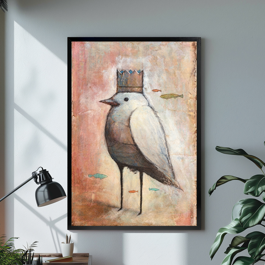 Black framed crowned bird floating fish canvas on a pale wall above a desk and plant.