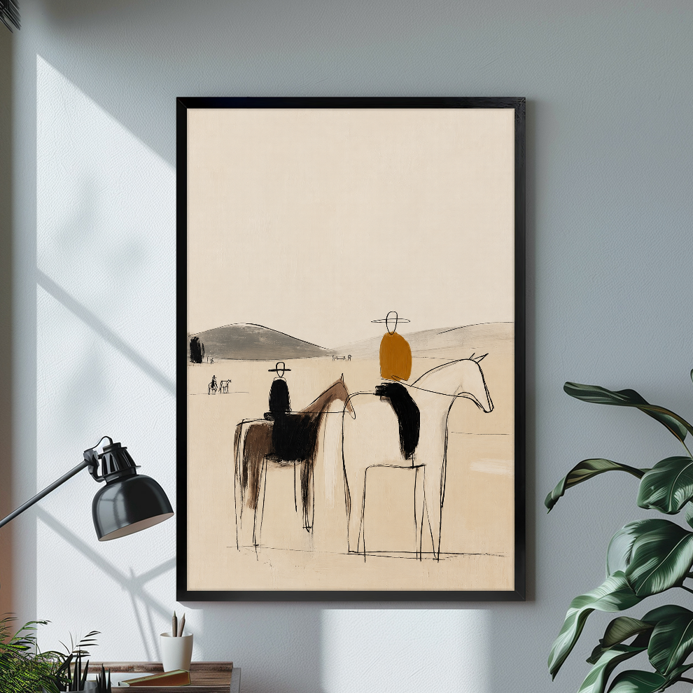 Black framed abstract horseback riders canvas above a desk with lamp and green plant.