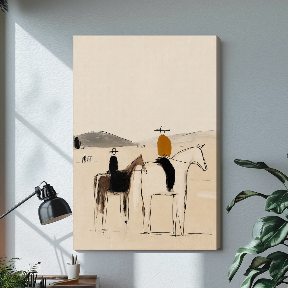 Stretched abstract horseback riders canvas above a light desk, showing a shaded wrapped side edge.