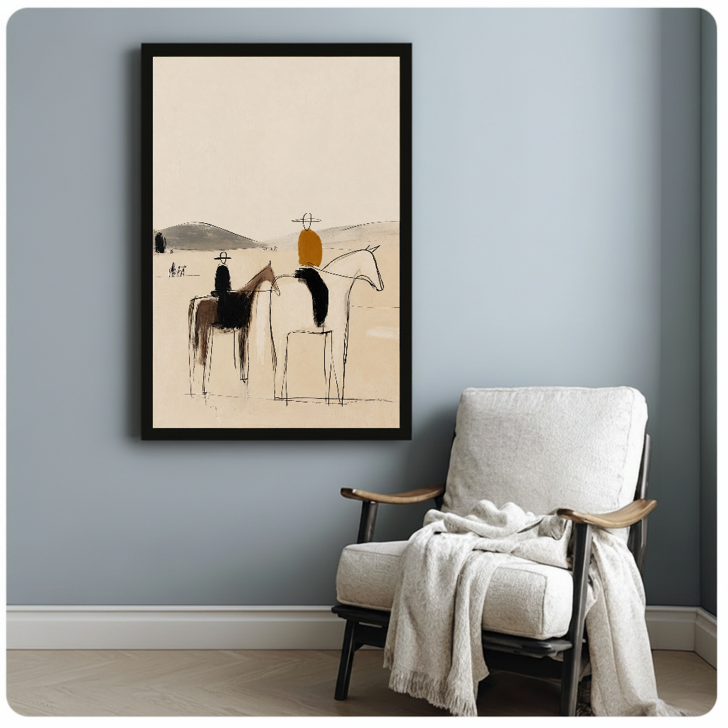 Framed abstract horseback riders artwork beside a pale reading chair against a blue-gray wall.