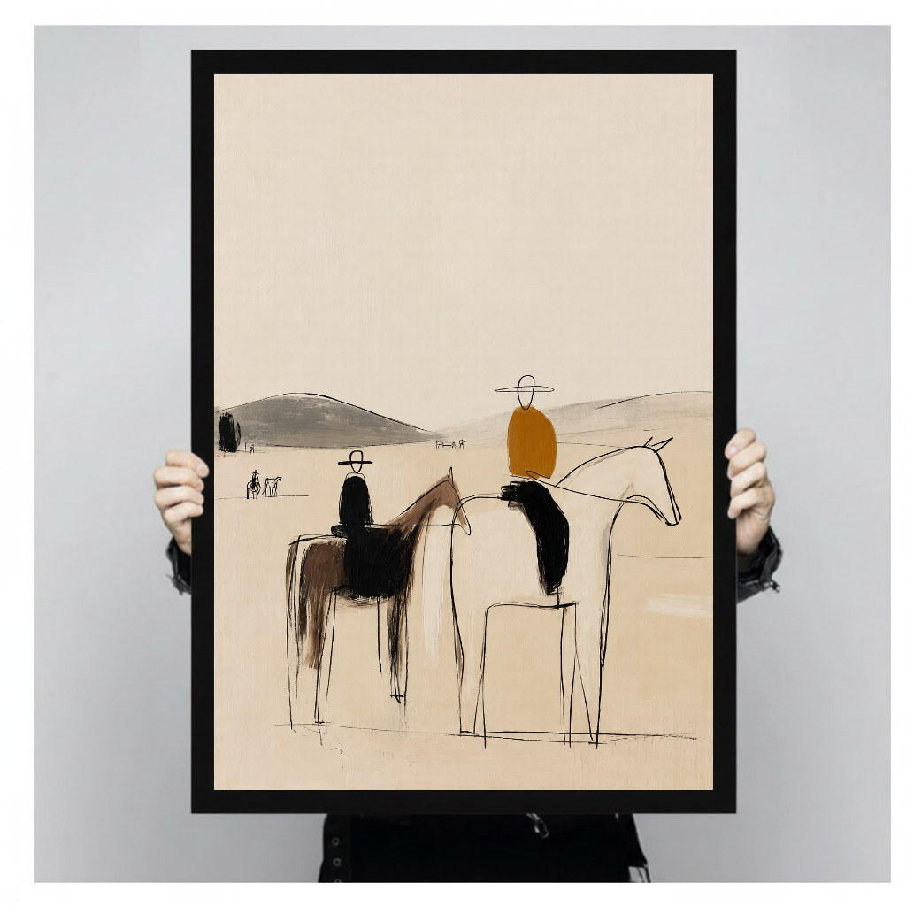 Person holding black framed abstract horseback riders artwork against a plain pale background.