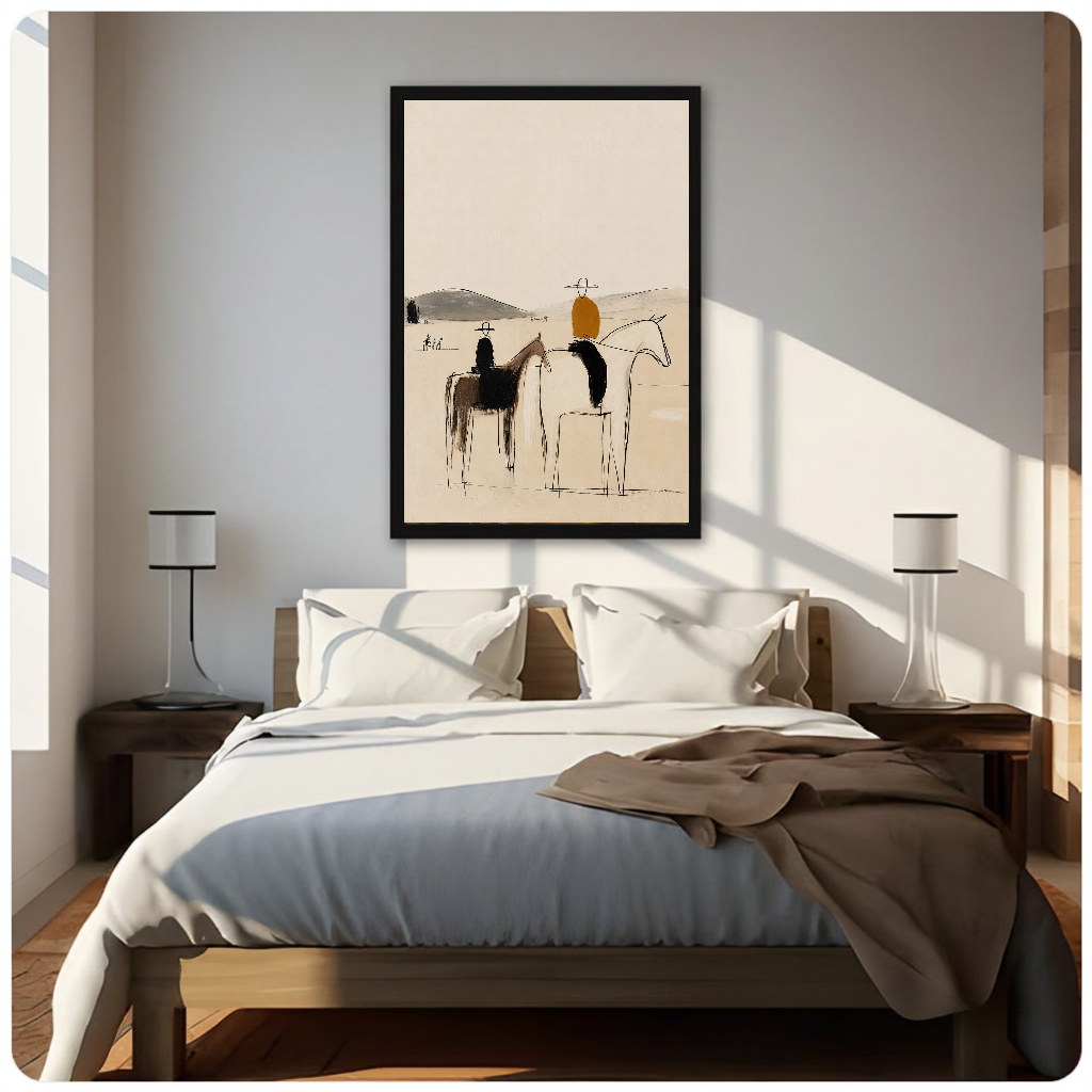 Abstract horseback riders canvas above a neutral bed with lamps and soft window light.