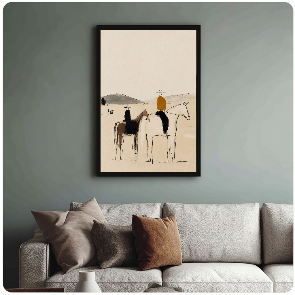 Framed abstract horseback riders painting above a sofa with muted cushions against a green-gray wall.