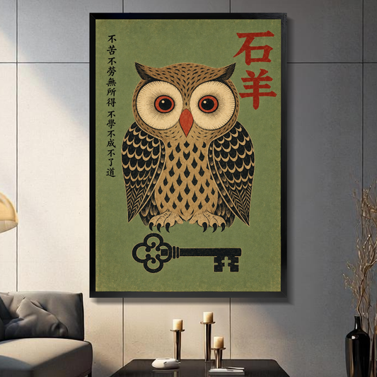 Black framed vintage owl ornate key canvas on a dark paneled wall beside warm candles.