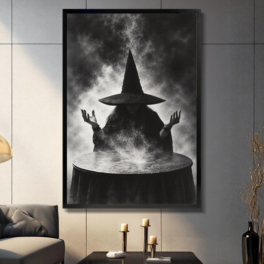 Black framed witch in smoke canvas above a console beside a sofa in a paneled room.