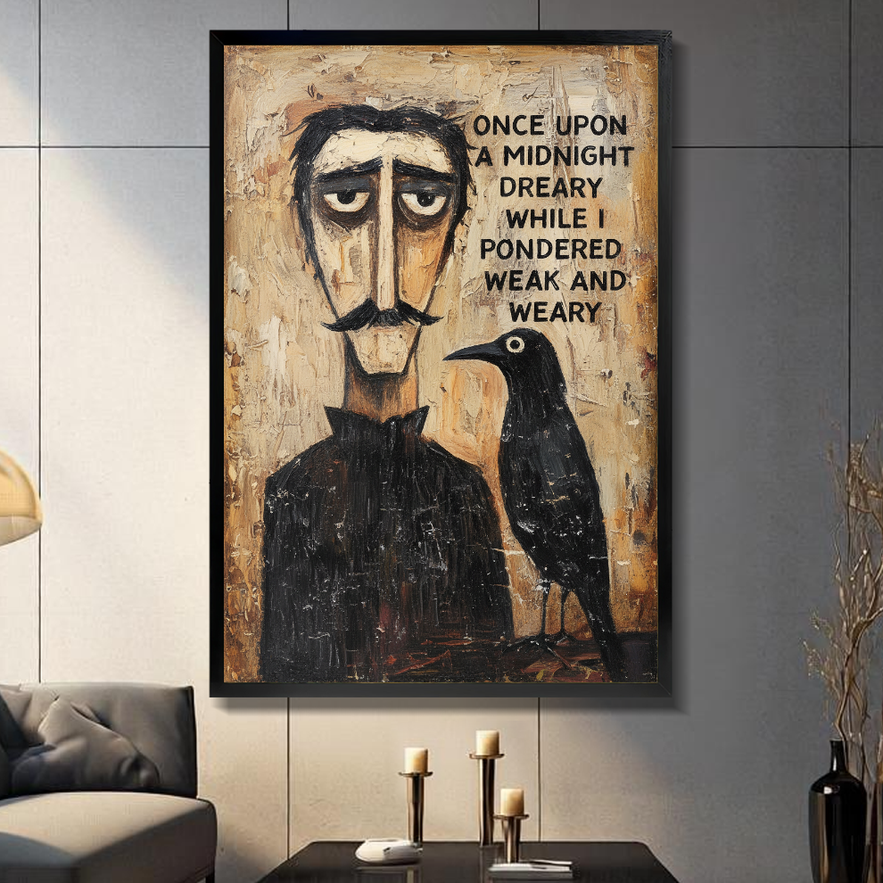 Black framed poet and raven canvas above a console beside a sofa in a paneled room.