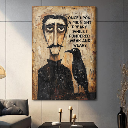 Stretched poet and raven canvas in a paneled living room with a shaded wrapped edge.