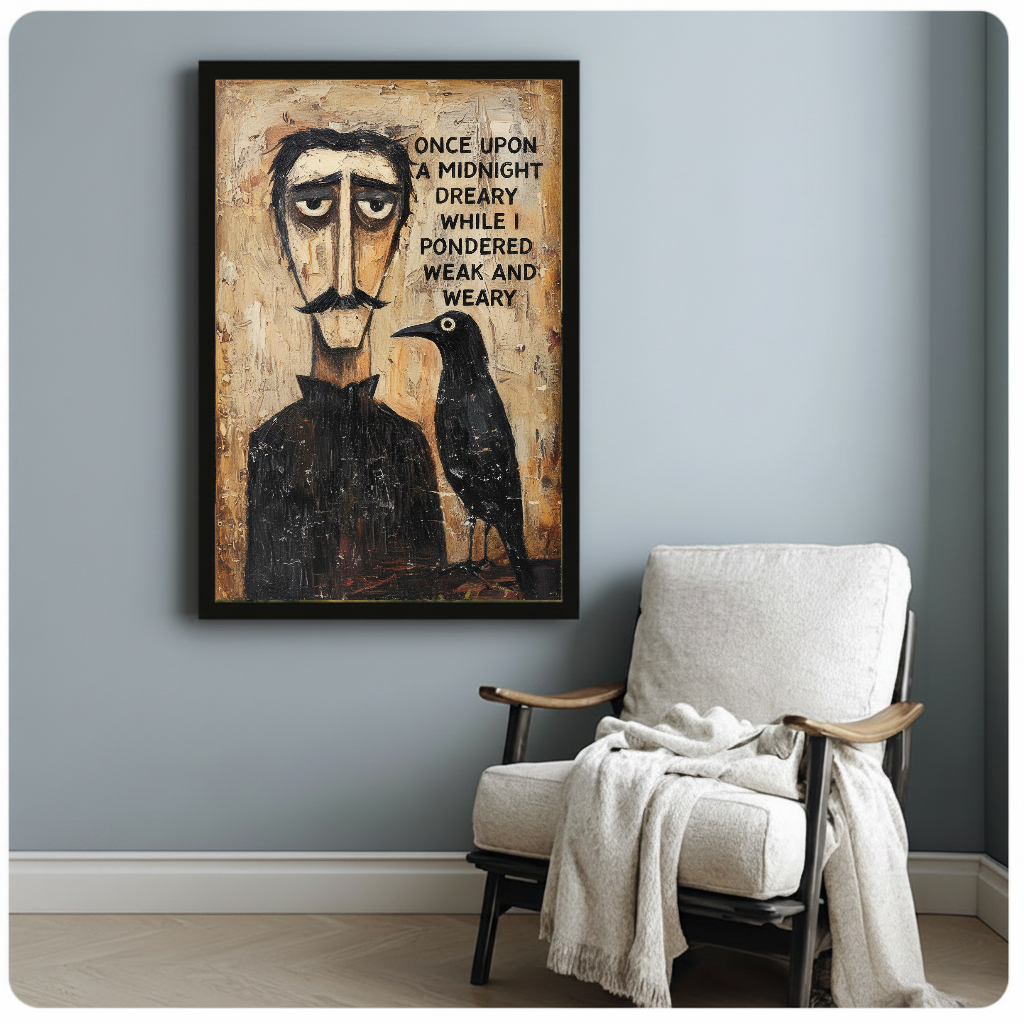 Framed poet and raven artwork beside a pale reading chair against a blue-gray wall.