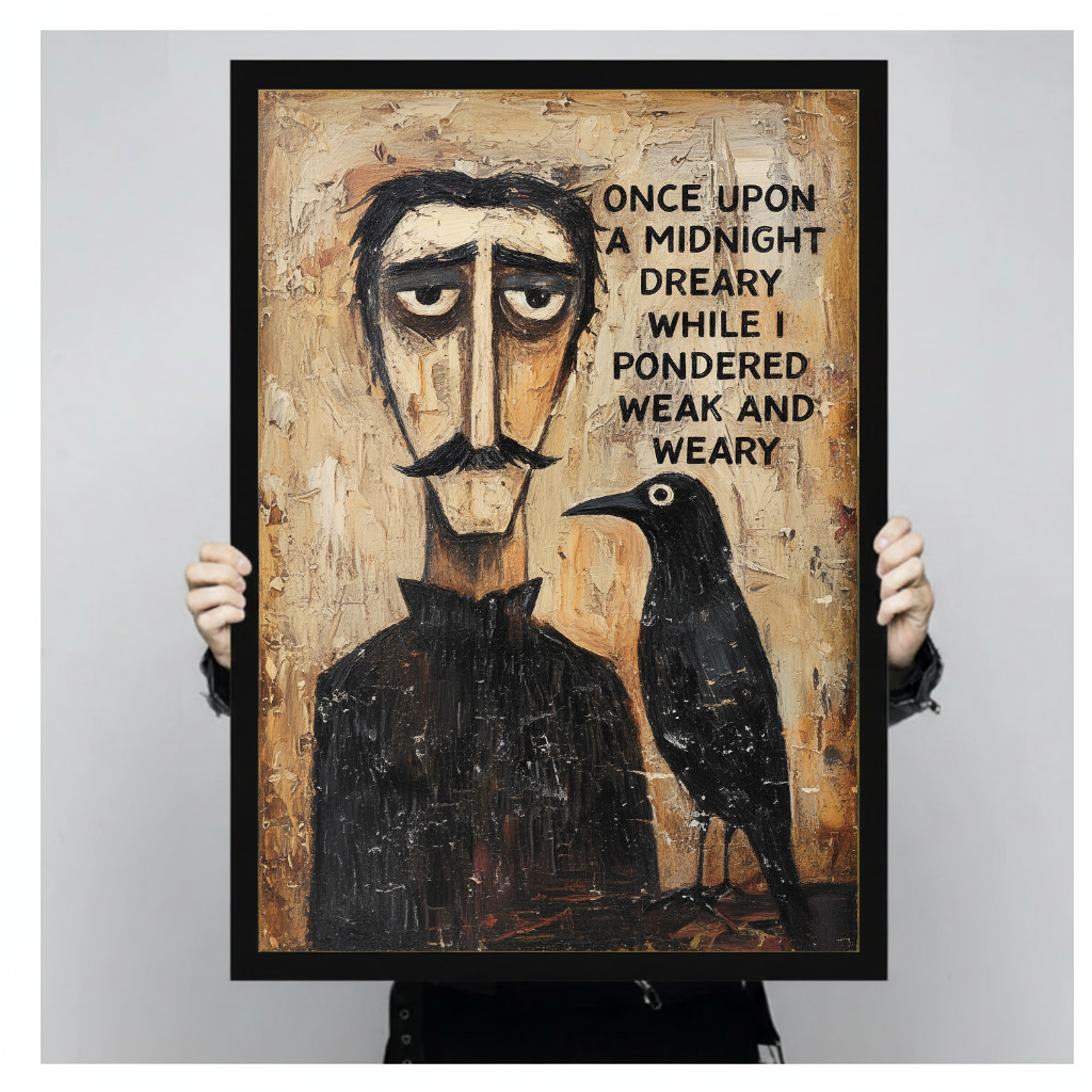 Person holding black framed poet and raven artwork against a plain pale background.