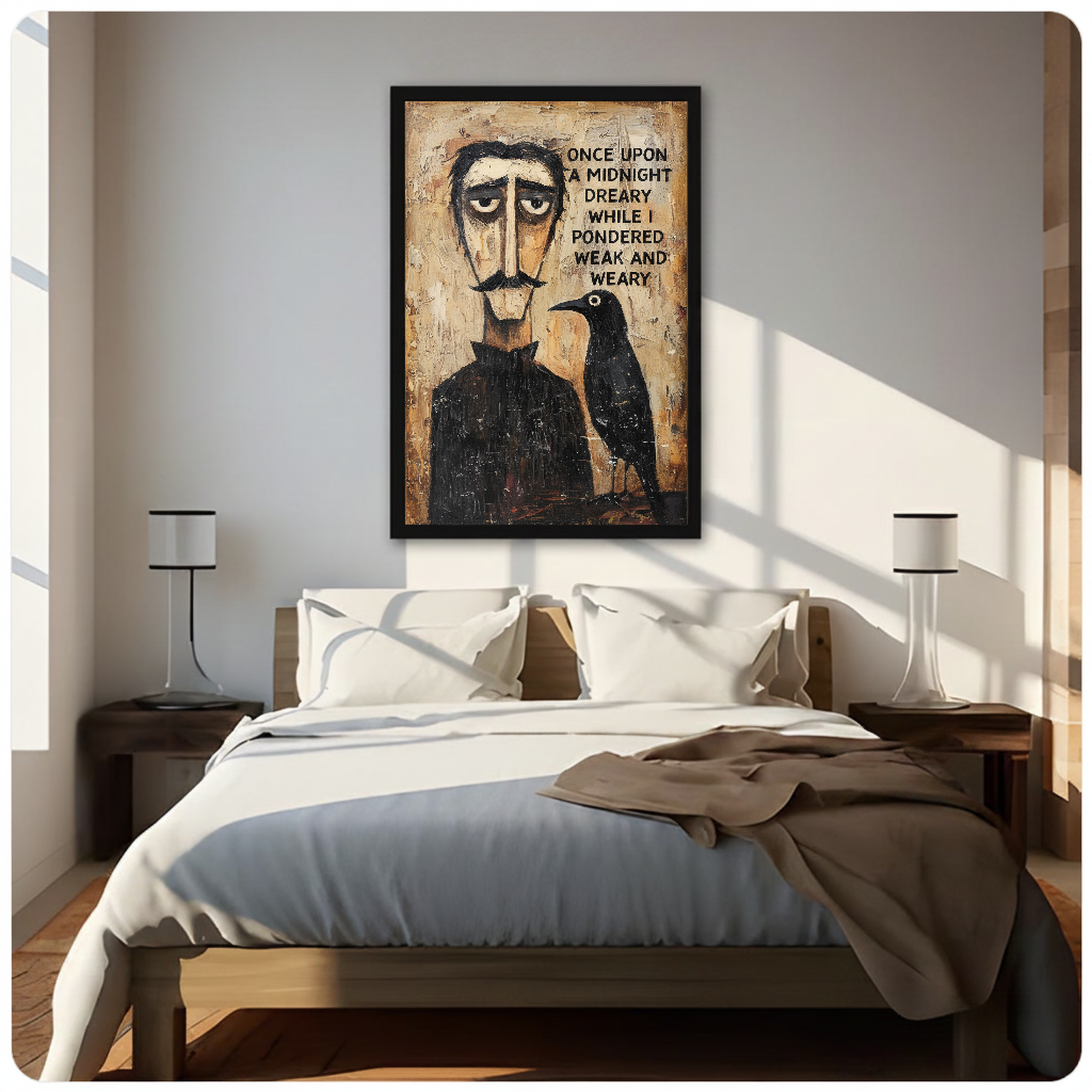 Poet and raven canvas above a neutral bed with lamps and soft window light.