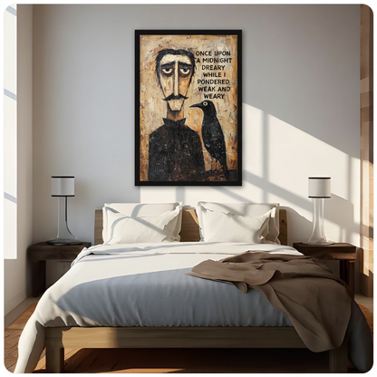 Poet and raven canvas above a neutral bed with lamps and soft window light.