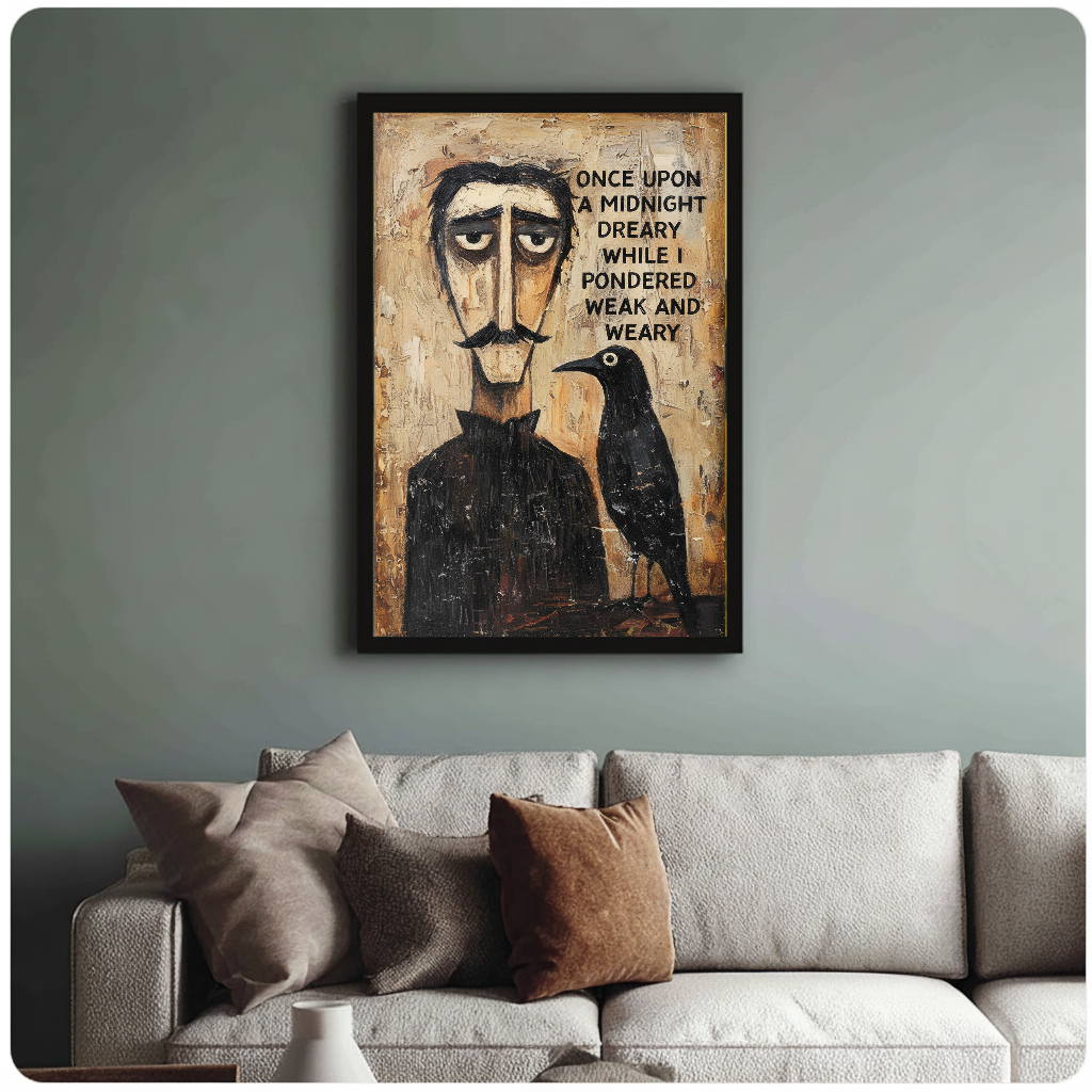 Framed poet and raven painting above a sofa with muted cushions against a green-gray wall.