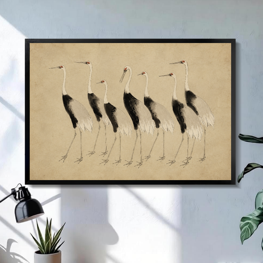 Black framed seven elegant cranes canvas above a bright desk with lamp and green plant.