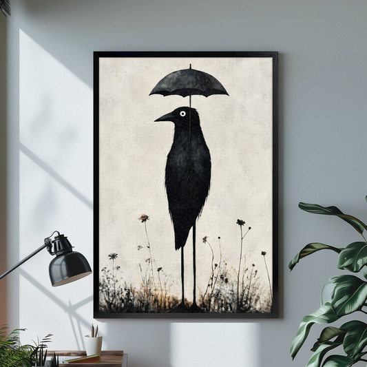 Black framed umbrella crow canvas above a bright desk with lamp and green plant.