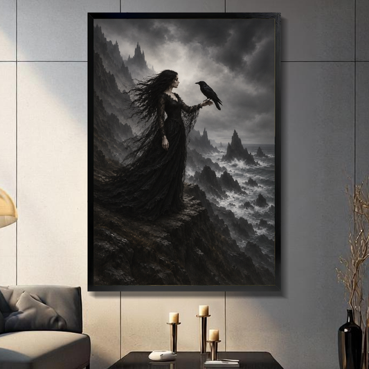 Black framed raven and gothic woman canvas above a console beside a sofa in a paneled room.