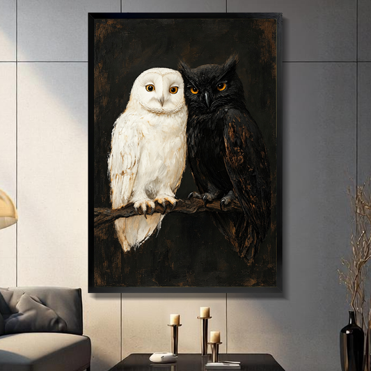 Black framed white black owl companions canvas on a dark paneled wall beside warm candles.