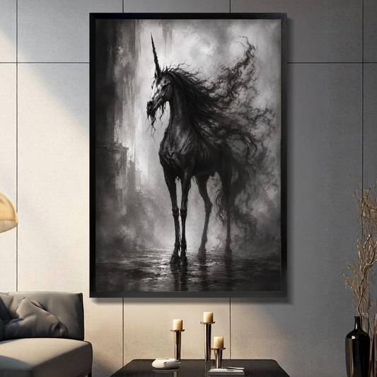 Black framed dark mist unicorn canvas above a console beside a sofa in a paneled room.