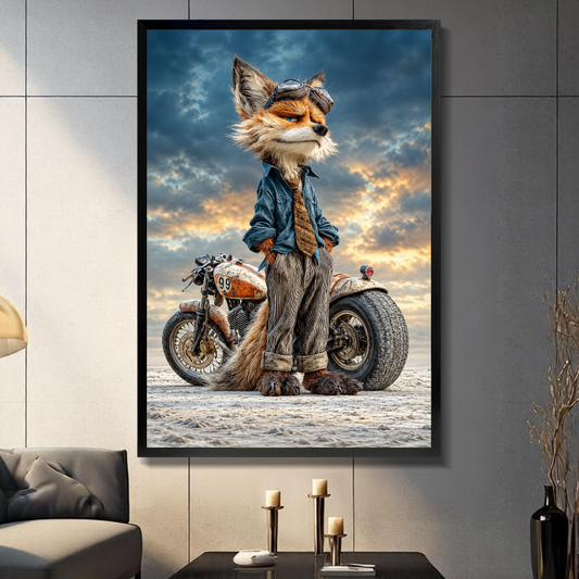Black framed vintage motorcycle fox canvas above a console beside a sofa in a paneled room.