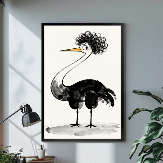 Black framed curly haired ostrich canvas on a pale wall above a desk and plant.