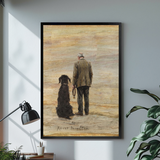 Black framed man and loyal dog canvas above a desk with lamp and green plant.