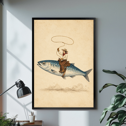 Black framed cowboy riding fish canvas above a desk with lamp and green plant.