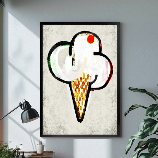 Black framed cherry ice cream cone canvas on a pale wall above a desk and plant.