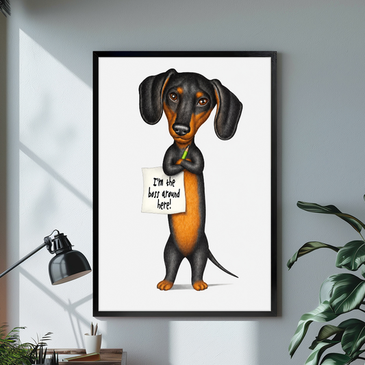 Black framed dachshund boss sign canvas on a pale wall above a desk and plant.
