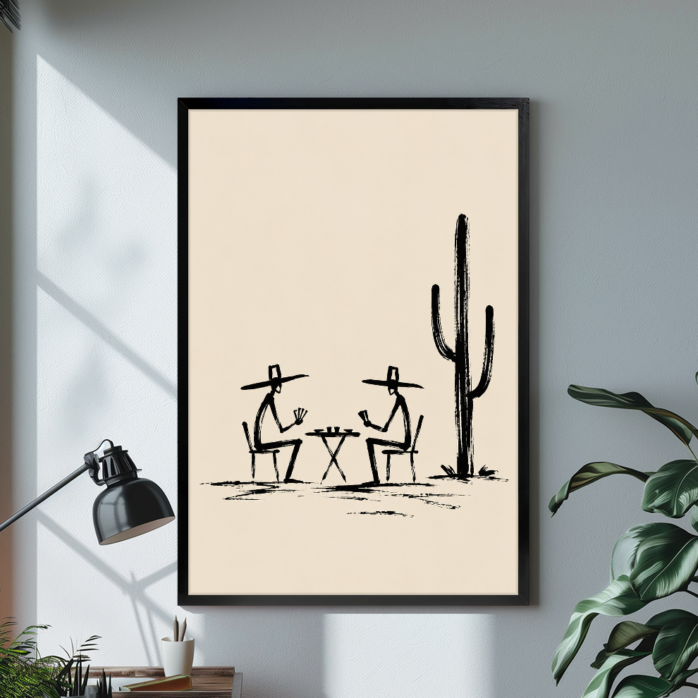 Black framed cowboys playing cards canvas displayed above a console in the selected room setting.