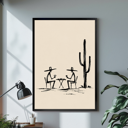 Black framed cowboys playing cards canvas displayed above a console in the selected room setting.