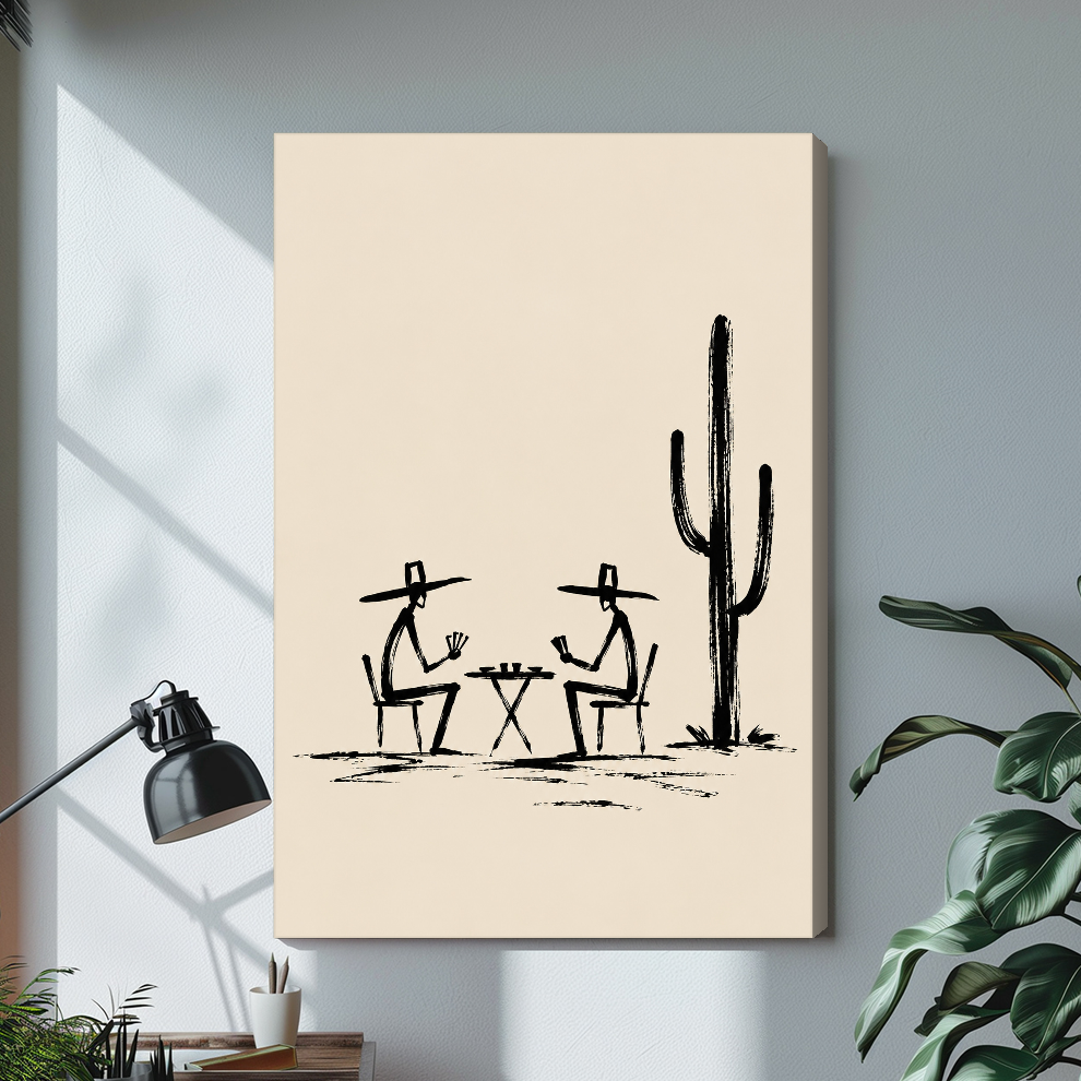Stretched cowboys playing cards canvas with a visible wrapped edge in the selected room setting.