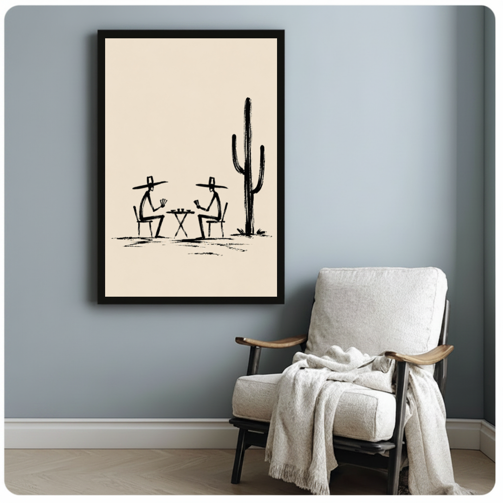 Framed cowboys playing cards canvas beside a pale reading chair on a blue gray wall.