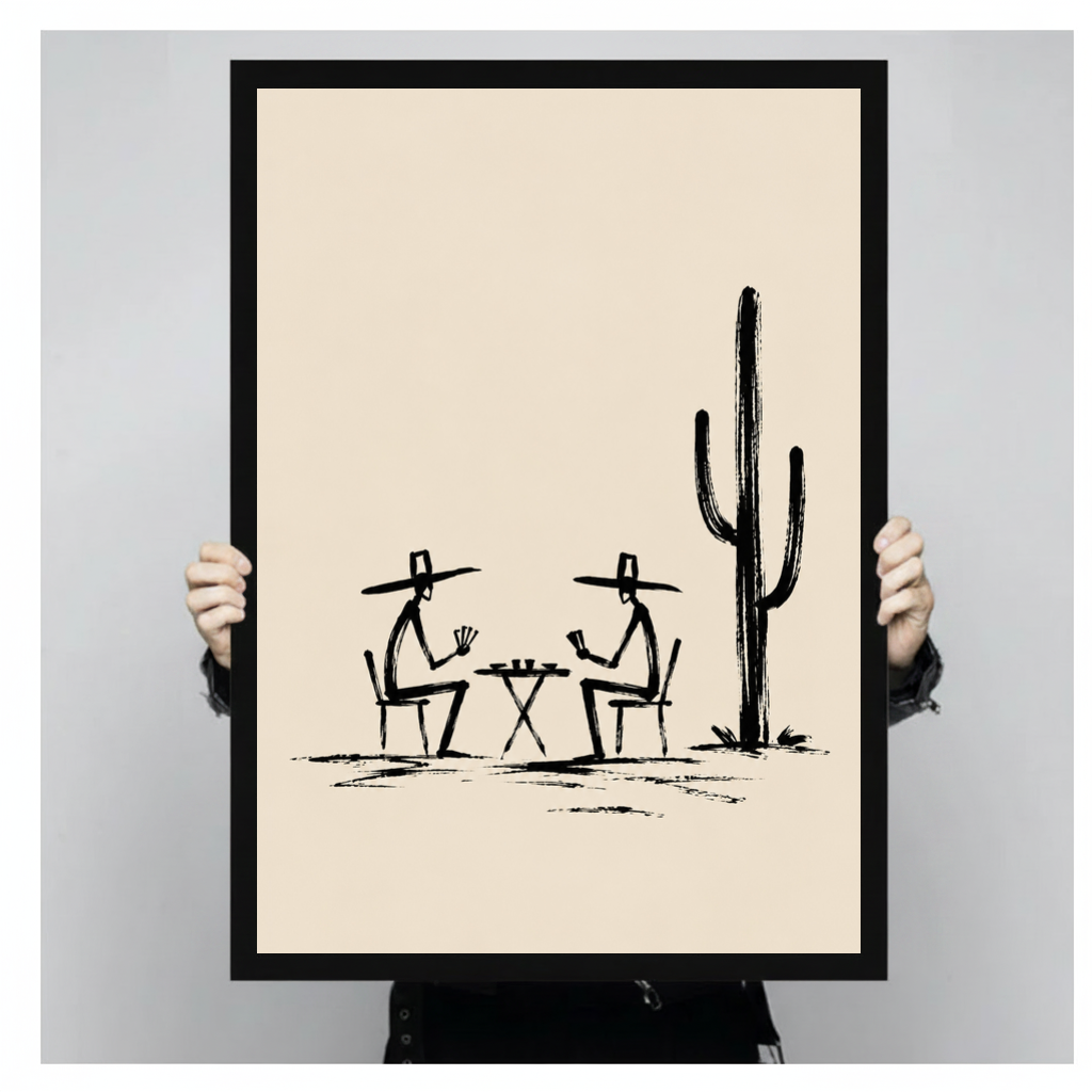 A person holds black framed cowboys playing cards canvas against a light neutral background.