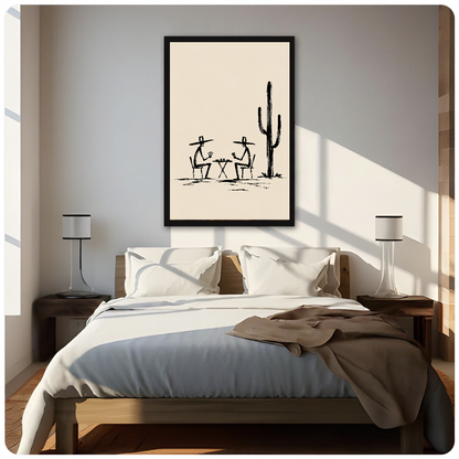 Framed cowboys playing cards canvas above a neutral bed beside soft bedroom lighting and lamps.
