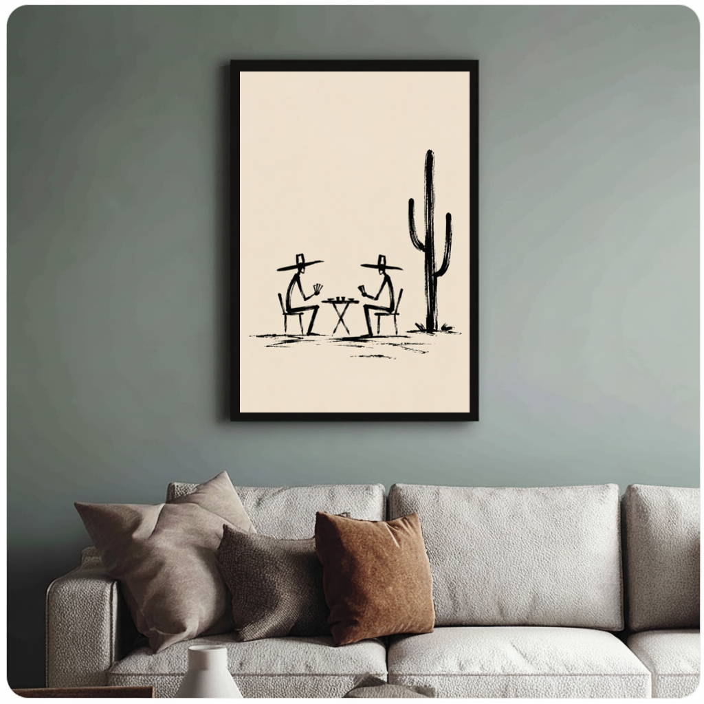 Framed cowboys playing cards canvas above a neutral sofa with cushions against a muted wall.