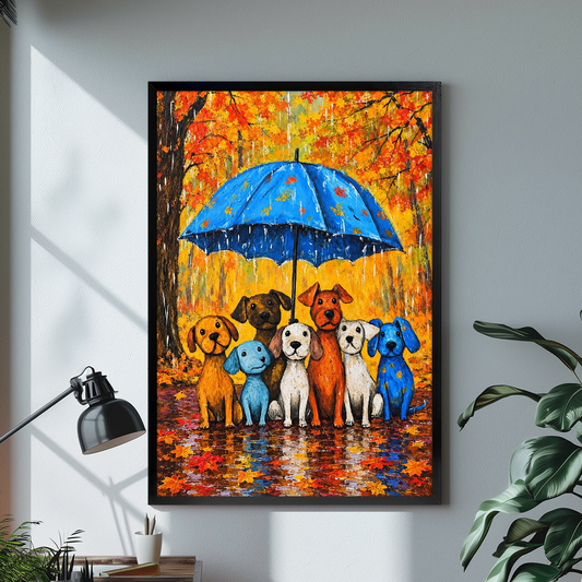 Black framed autumn dogs blue umbrella canvas on a pale wall above a desk and plant.